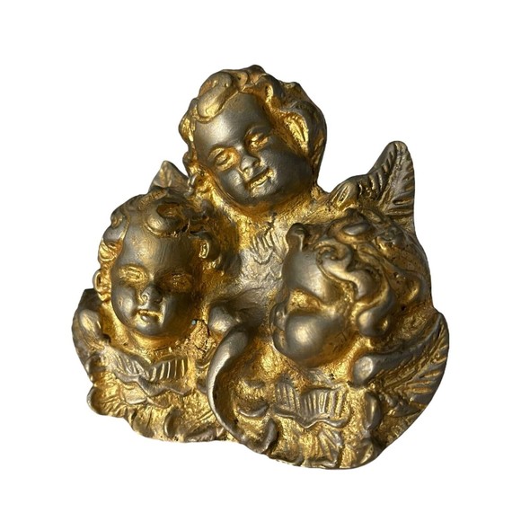 Vtg Ornate (3) Cherubs Faces Wall Decor Cast Metal Gold Tone Intricate Detail - Picture 1 of 8